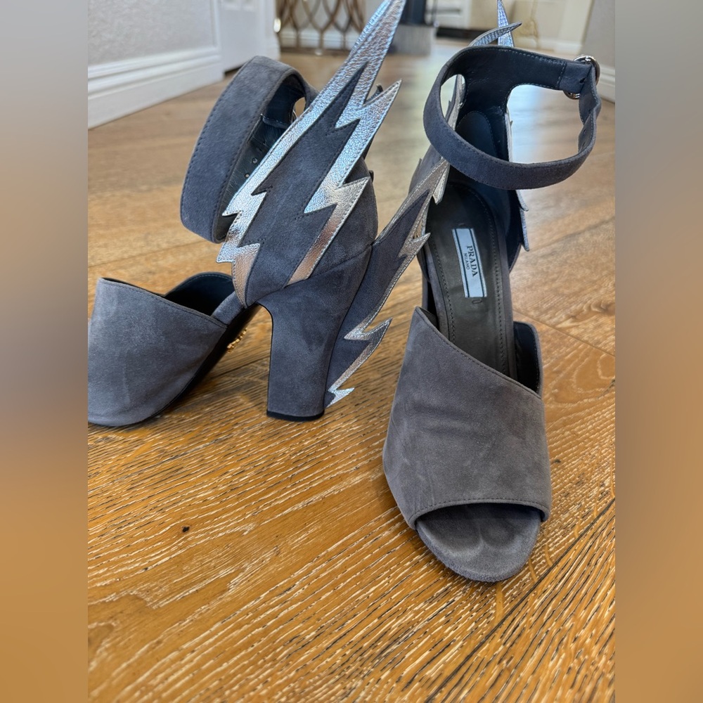 Prada thunderbolt Suede Heels with Silver Lightning Accents